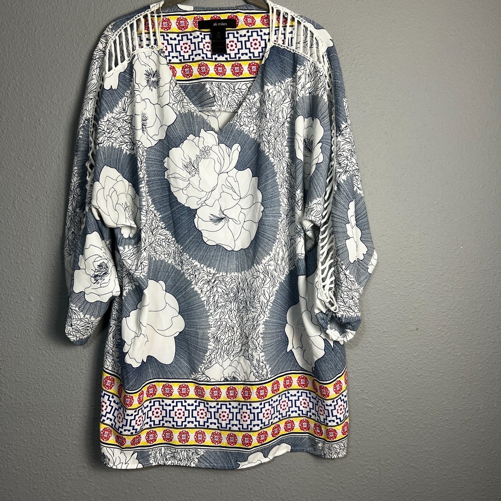 Ali Miles Floral Print‎ Tunic Top Crochet Trim Bohemian Polyester Blouse Size XL